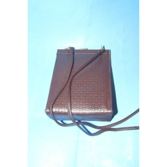 Halston Vintage Brown 2-Way Hinged Closure Shoulder Bag Embossed H Logo Print - Picture 3 of 12